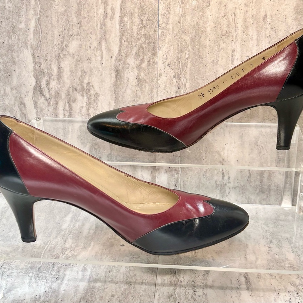 Salvatore Ferragamo Two-Tone Black and Burgundy Leather Pumps